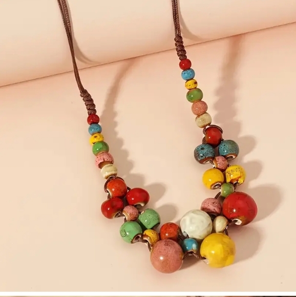 NECKLACE CERAMIC Beads Bohemian  Beaded Adjustable Necklace Tribal Colorful🍬 - Picture 5 of 7
